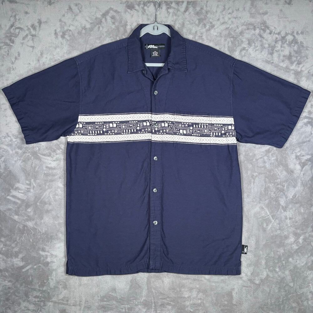 Vintage No Fear Button Down Shirt Navy Blue Tribal Stripe Men’s L